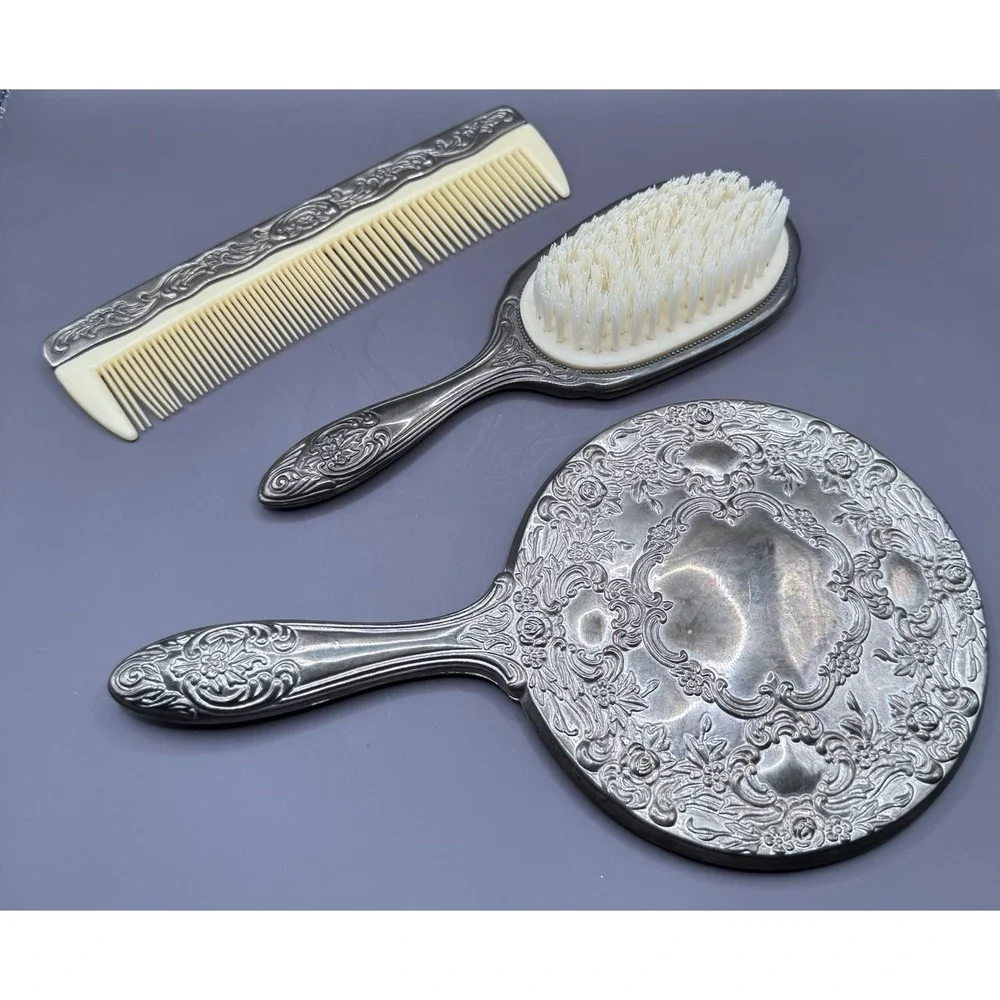 Vintage 3 Piece Silver Plated Vanity Set Ornate Heavy Hand Mirror Comb & Brush